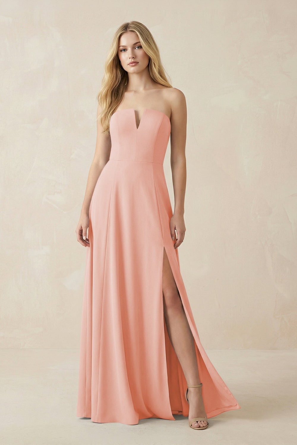Strapless A - Line Chiffon Bridesmaid Dress With Slit in Rose Petal - KISS BRIDAL Bridesmaid Dresses