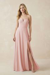 Strapless A-Line Chiffon Bridesmaid Dress With Slit in Rose Petal | KISSBRIDAL