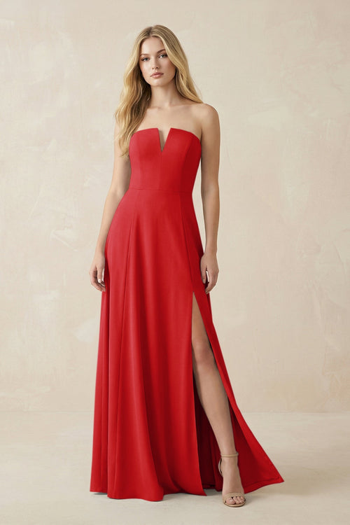 Strapless A - Line Chiffon Bridesmaid Dress With Slit in Ruby Red - SHE IS ME Bridesmaid Dresses