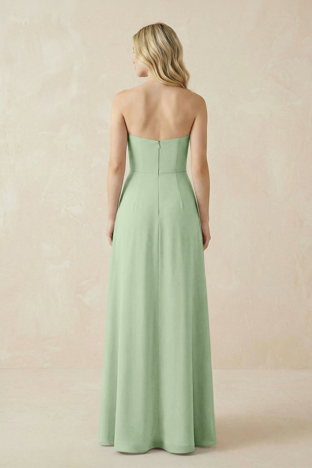Strapless A - Line Chiffon Bridesmaid Dress With Slit in Sage - KISS BRIDAL Bridesmaid Dresses