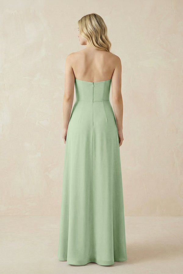 Strapless A - Line Chiffon Bridesmaid Dress With Slit in Sage - SHE IS ME Bridesmaid Dresses
