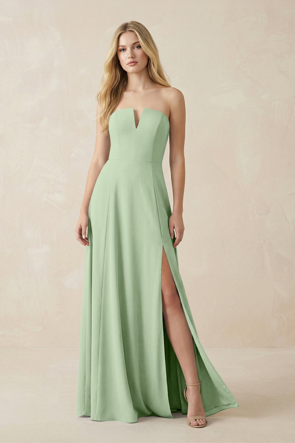 Strapless A - Line Chiffon Bridesmaid Dress With Slit in Sage - KISS BRIDAL Bridesmaid Dresses
