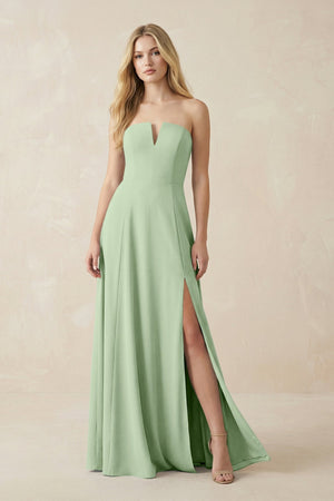 Strapless A - Line Chiffon Bridesmaid Dress With Slit in Sage - SHE IS ME Bridesmaid Dresses