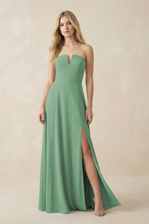 Strapless A - Line Chiffon Bridesmaid Dress With Slit in Sea Glass - SHE IS ME Bridesmaid Dresses