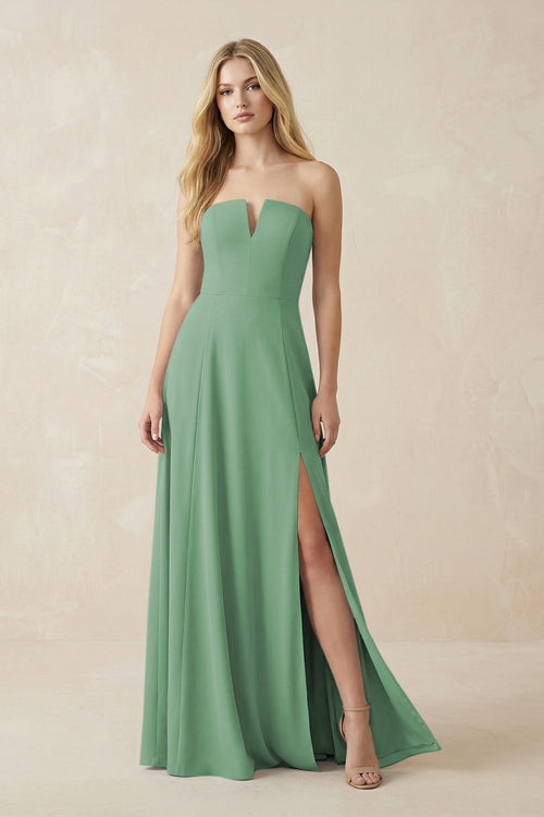 Strapless A - Line Chiffon Bridesmaid Dress With Slit in Sea Glass - SHE IS ME Bridesmaid Dresses