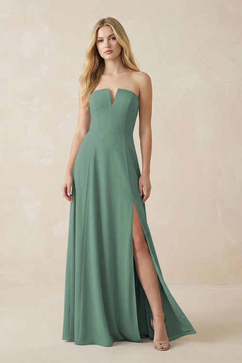 Strapless A-Line Chiffon Bridesmaid Dress With Slit in Sea Glass | KISSBRIDAL