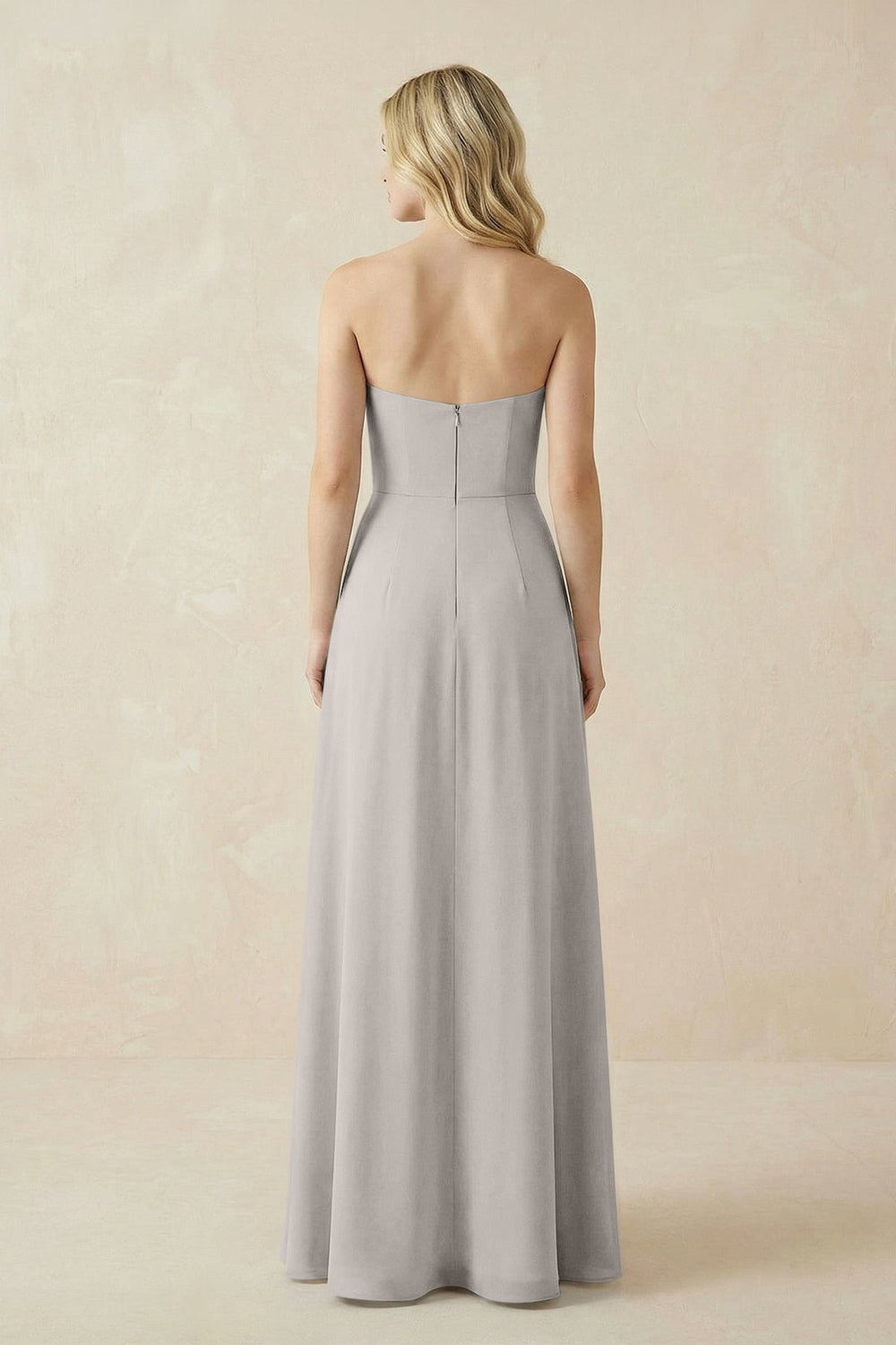 Strapless A - Line Chiffon Bridesmaid Dress With Slit in Silver - KISS BRIDAL Bridesmaid Dresses