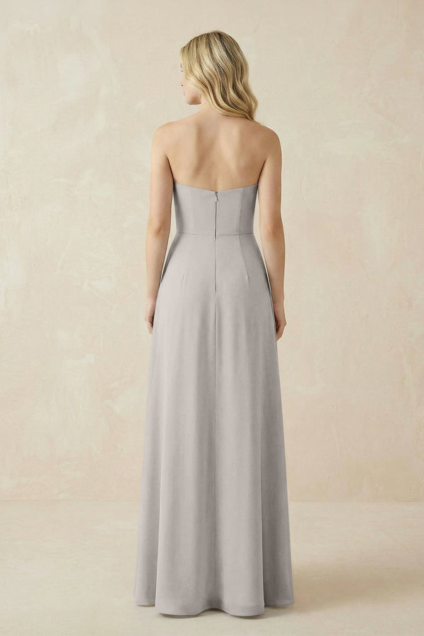 Strapless A - Line Chiffon Bridesmaid Dress With Slit in Silver - SHE IS ME Bridesmaid Dresses