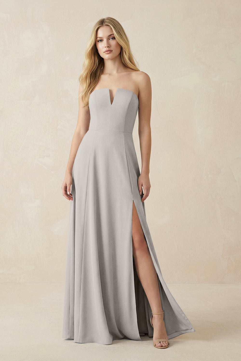 Strapless A - Line Chiffon Bridesmaid Dress With Slit in Silver - KISS BRIDAL Bridesmaid Dresses