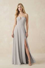 Strapless A - Line Chiffon Bridesmaid Dress With Slit in Silver - KISS BRIDAL Bridesmaid Dresses
