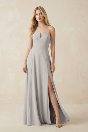 Strapless A - Line Chiffon Bridesmaid Dress With Slit in Silver - SHE IS ME Bridesmaid Dresses