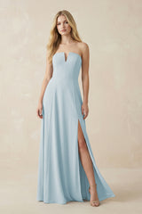 Strapless A-Line Chiffon Bridesmaid Dress With Slit in Sky Blue | KISSBRIDAL