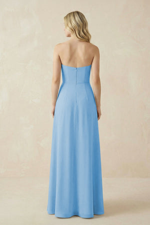 Strapless A - Line Chiffon Bridesmaid Dress With Slit in Steel Blue - SHE IS ME Bridesmaid Dresses