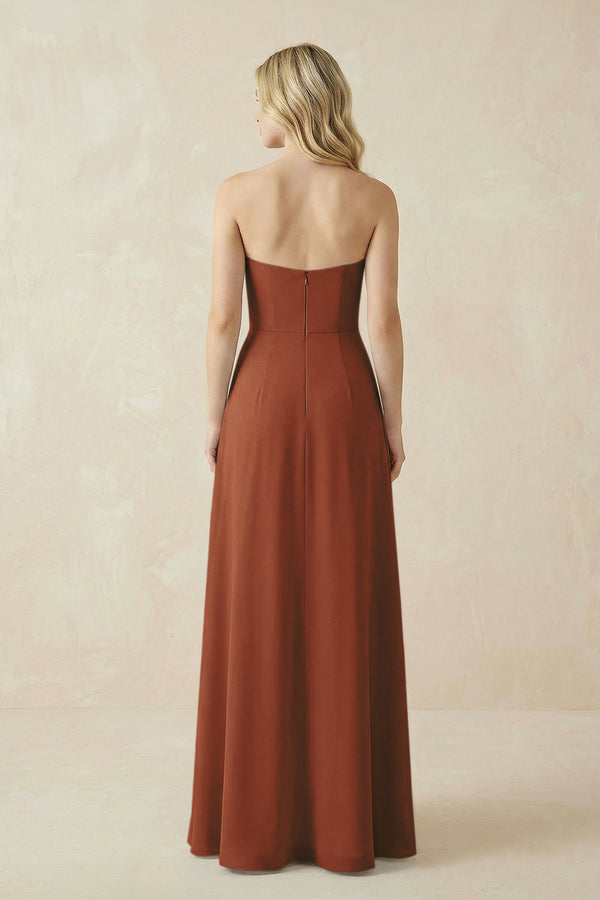 Strapless A-Line Chiffon Bridesmaid Dress With Slit in Terracotta (2) | KISSBRIDAL