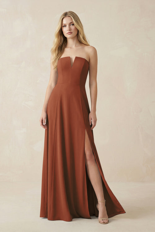 Strapless A-Line Chiffon Bridesmaid Dress With Slit in Terracotta | KISSBRIDAL