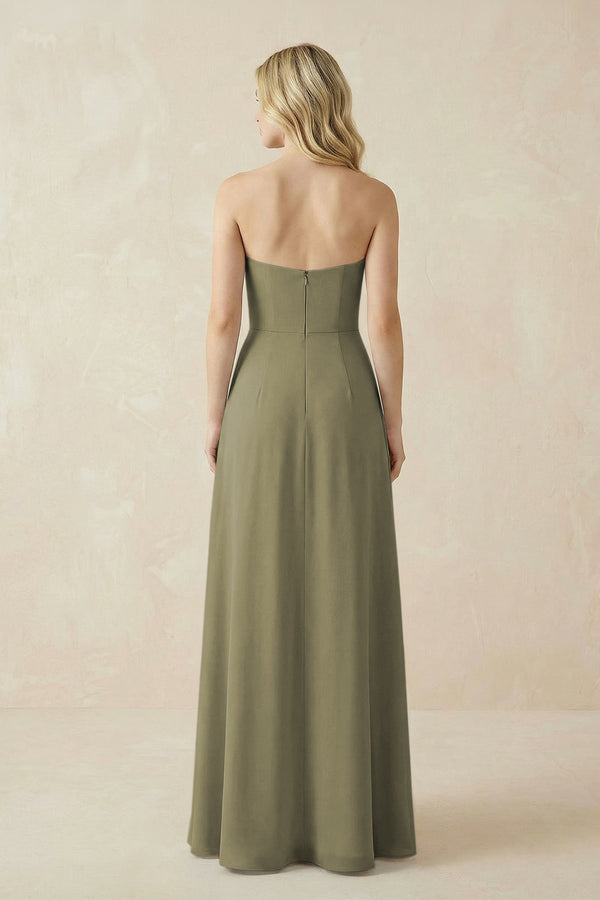 Strapless A-Line Chiffon Bridesmaid Dress With Slit in Thyme (2) | KISSBRIDAL