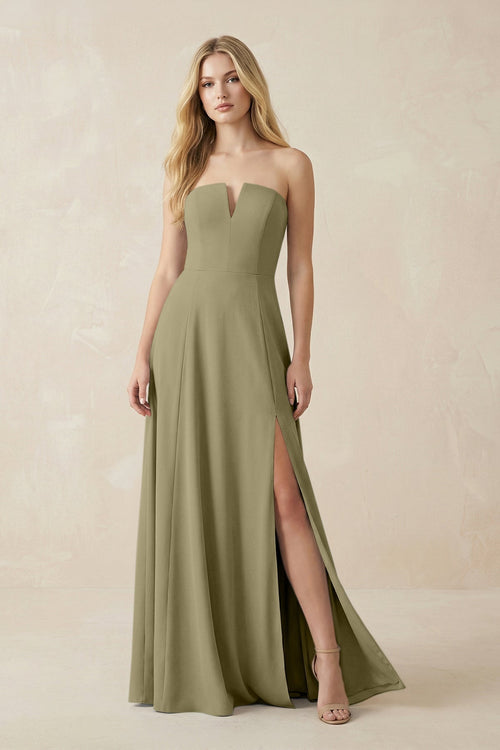 Strapless A - Line Chiffon Bridesmaid Dress With Slit in Thyme - SHE IS ME Bridesmaid Dresses