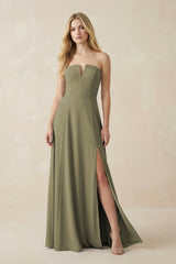 Strapless A-Line Chiffon Bridesmaid Dress With Slit in Thyme | KISSBRIDAL