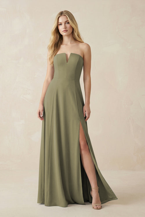 Strapless A-Line Chiffon Bridesmaid Dress With Slit in Thyme | KISSBRIDAL