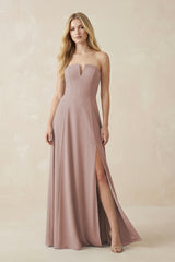 Strapless A-Line Chiffon Bridesmaid Dress With Slit in Toffee | KISSBRIDAL