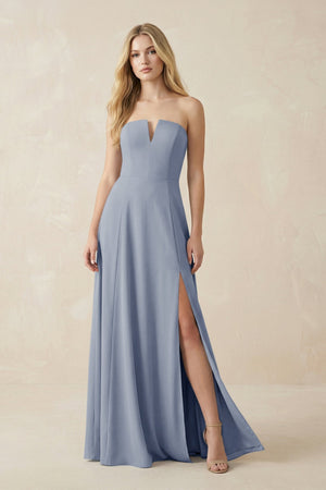Strapless A - Line Chiffon Bridesmaid Dress With Slit in Twilight - SHE IS ME Bridesmaid Dresses