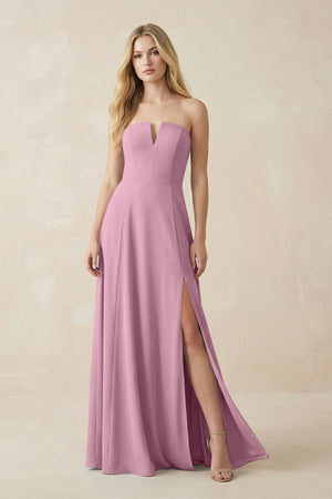 Strapless A - Line Chiffon Bridesmaid Dress With Slit in Vintage Mauve - SHE IS ME Bridesmaid Dresses