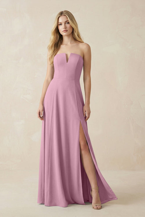 Strapless A - Line Chiffon Bridesmaid Dress With Slit in Vintage Mauve - SHE IS ME Bridesmaid Dresses