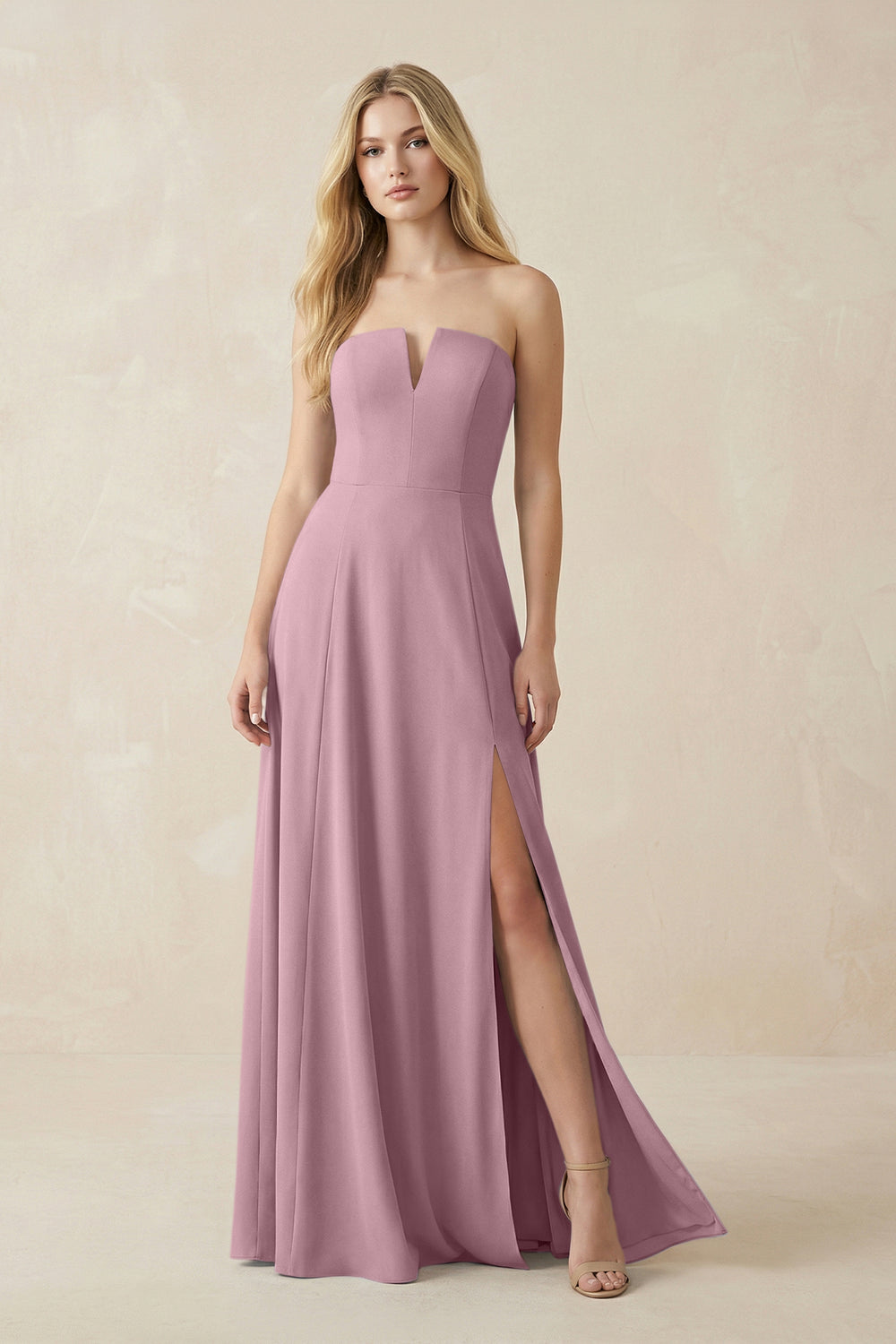 Strapless A-Line Chiffon Bridesmaid Dress With Slit in Vintage Mauve