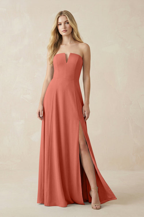Strapless A - Line Chiffon Bridesmaid Dress With Slit in Wild Rose - SHE IS ME Bridesmaid Dresses