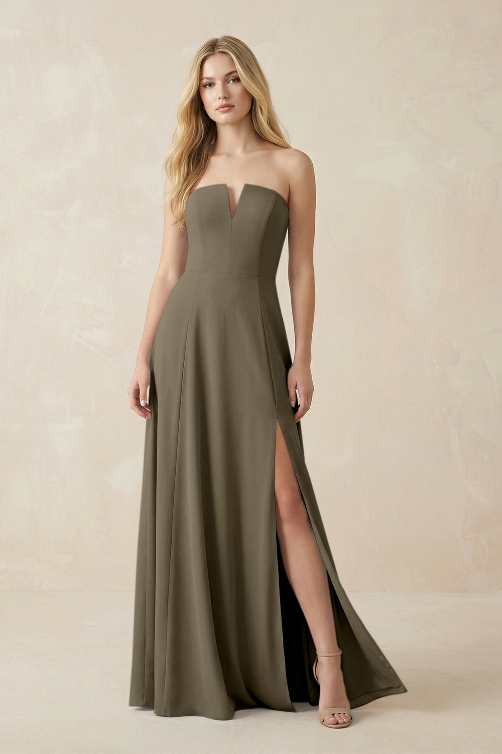 Strapless A - Line Chiffon Bridesmaid Dress With Slit in Willow Green - KISS BRIDAL Bridesmaid Dresses
