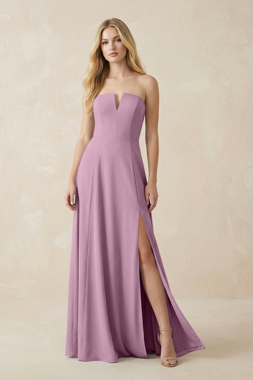 Strapless A - Line Chiffon Bridesmaid Dress With Slit in Wisteria - SHE IS ME Bridesmaid Dresses
