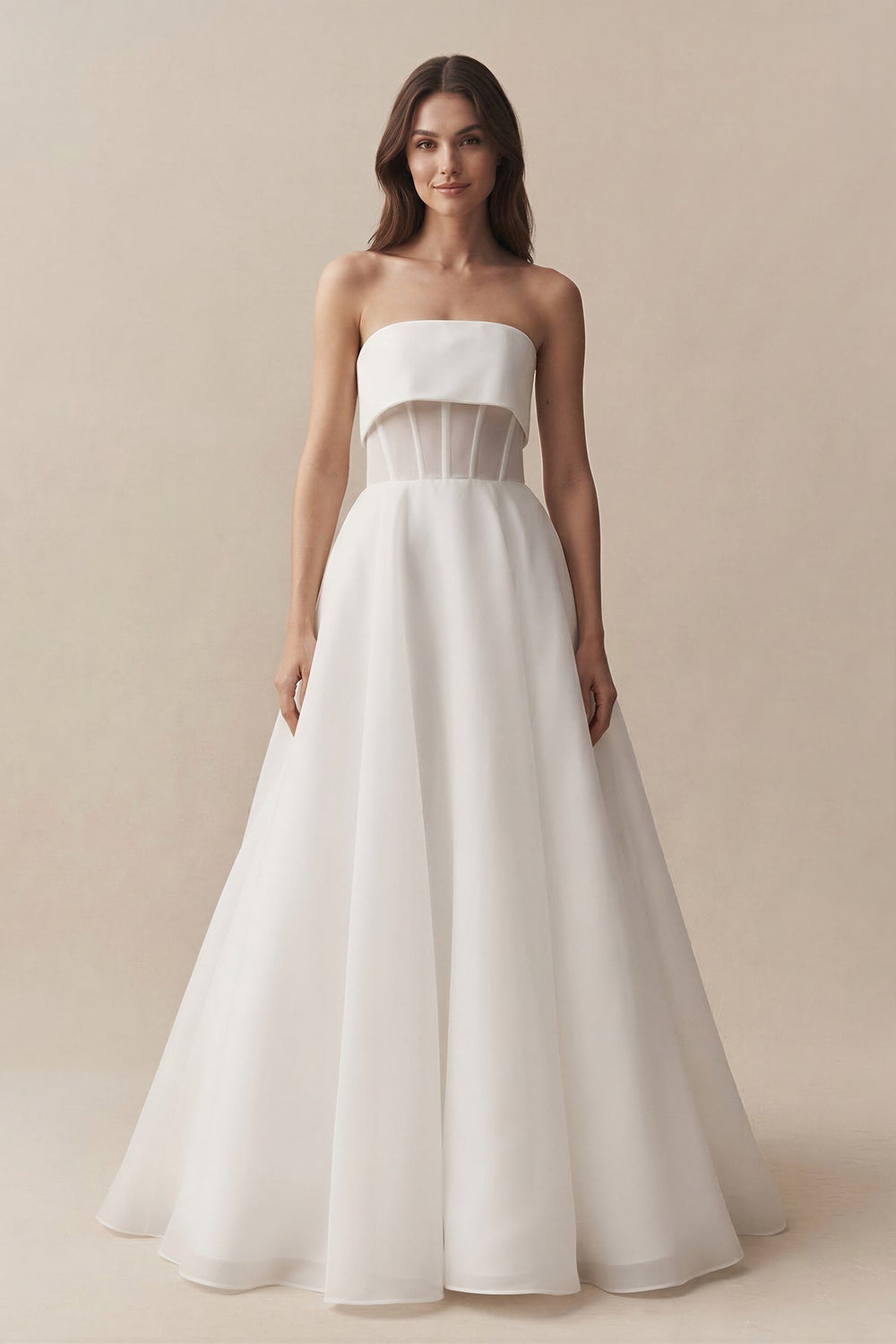 Strapless A - Line Chiffon Ruched Wedding Dress in White - KISS BRIDAL Wedding Dresses