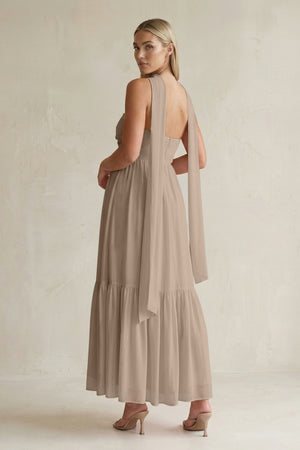 Strapless A-Line Chiffon Ruffled Bridesmaid Dress With Ribbon in Almond (2) | KISSBRIDAL