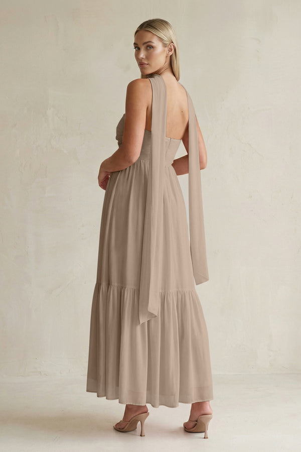 Strapless A-Line Chiffon Ruffled Bridesmaid Dress With Ribbon in Almond (2) | KISSBRIDAL