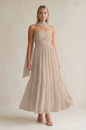 Strapless A - Line Chiffon Ruffled Bridesmaid Dress With Ribbon in Almond - SHE IS ME Bridesmaid Dresses