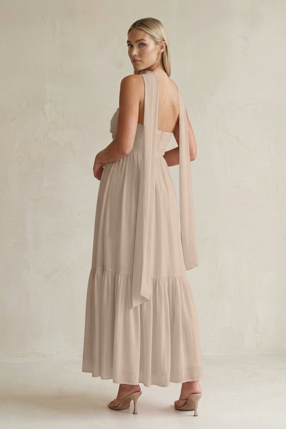 Strapless A - Line Chiffon Ruffled Bridesmaid Dress With Ribbon in Almond - KISS BRIDAL Bridesmaid Dresses