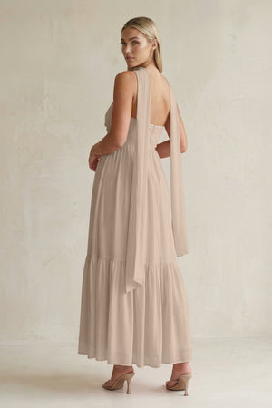 Strapless A - Line Chiffon Ruffled Bridesmaid Dress With Ribbon in Almond - SHE IS ME Bridesmaid Dresses