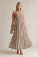 Strapless A-Line Chiffon Ruffled Bridesmaid Dress With Ribbon in Almond | KISSBRIDAL