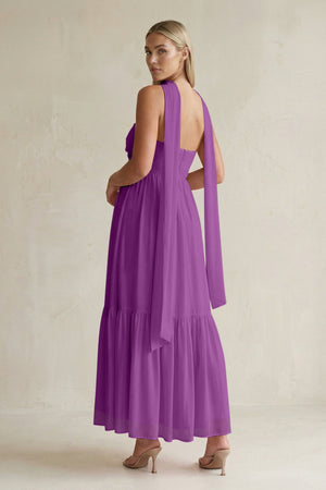 Strapless A - Line Chiffon Ruffled Bridesmaid Dress With Ribbon in Amethyst - SHE IS ME Bridesmaid Dresses