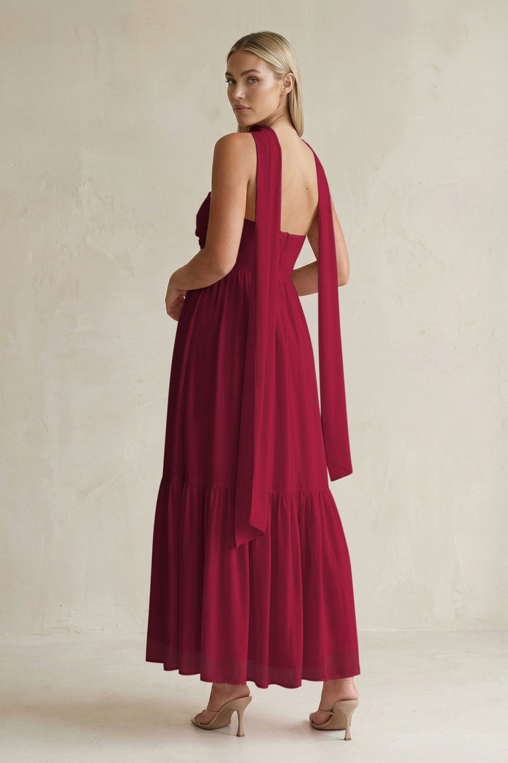Strapless A - Line Chiffon Ruffled Bridesmaid Dress With Ribbon in Berry - KISS BRIDAL Bridesmaid Dresses