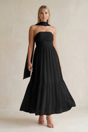 Strapless A - Line Chiffon Ruffled Bridesmaid Dress With Ribbon in Black - SHE IS ME Bridesmaid Dresses