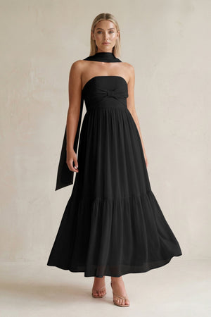 Strapless A - Line Chiffon Ruffled Bridesmaid Dress With Ribbon in Black - SHE IS ME Bridesmaid Dresses