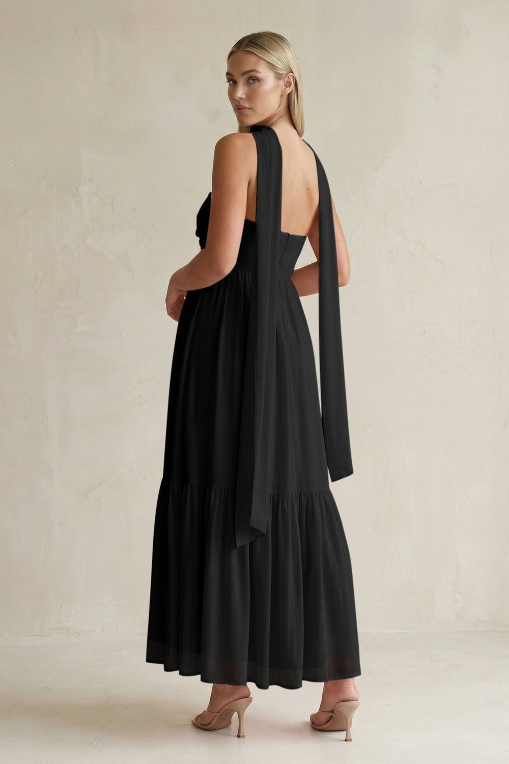 Strapless A - Line Chiffon Ruffled Bridesmaid Dress With Ribbon in Black - KISS BRIDAL Bridesmaid Dresses