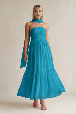Strapless A - Line Chiffon Ruffled Bridesmaid Dress With Ribbon in Blue Jay - SHE IS ME Bridesmaid Dresses