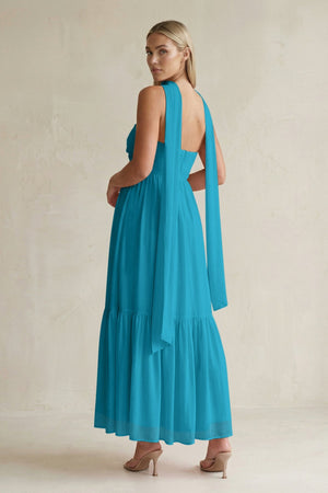 Strapless A - Line Chiffon Ruffled Bridesmaid Dress With Ribbon in Blue Jay - SHE IS ME Bridesmaid Dresses