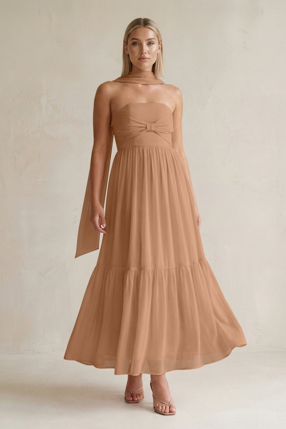 Strapless A - Line Chiffon Ruffled Bridesmaid Dress With Ribbon in Bronzer - KISS BRIDAL Bridesmaid Dresses