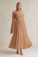 Strapless A - Line Chiffon Ruffled Bridesmaid Dress With Ribbon in Bronzer - SHE IS ME Bridesmaid Dresses
