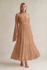 Strapless A - Line Chiffon Ruffled Bridesmaid Dress With Ribbon in Bronzer - KISS BRIDAL Bridesmaid Dresses