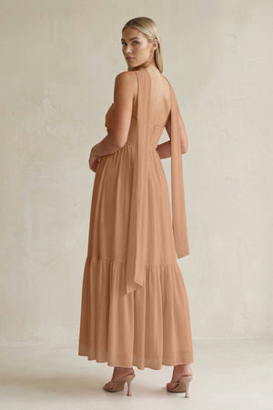 Strapless A - Line Chiffon Ruffled Bridesmaid Dress With Ribbon in Bronzer - SHE IS ME Bridesmaid Dresses