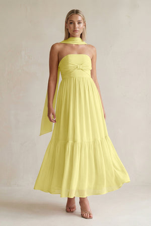 Strapless A - Line Chiffon Ruffled Bridesmaid Dress With Ribbon in Buttercup - SHE IS ME Bridesmaid Dresses